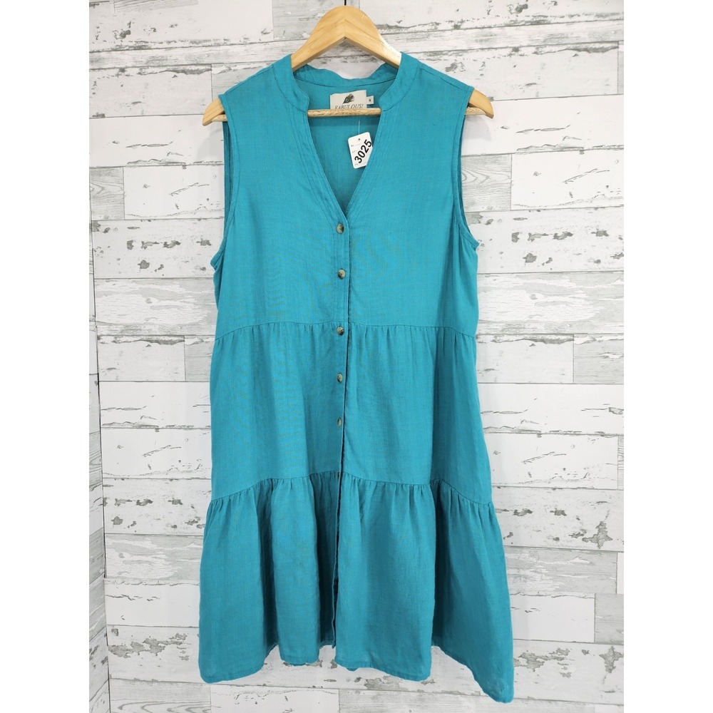 Fabulous New York City Women's Medium Sleeveless Tiered Linen Dress Teal
